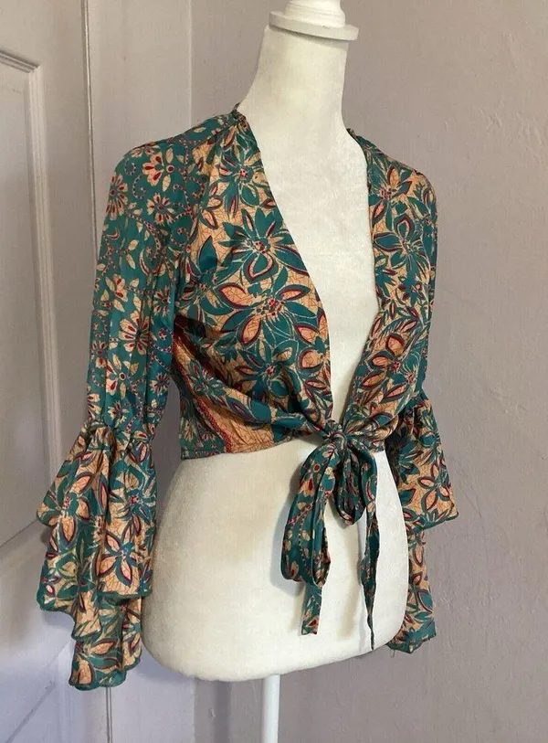 Rasa Anthropologie Blue Beige Floral Satin Flutter Sleeve Tie Waist Blouse XS - Image 2