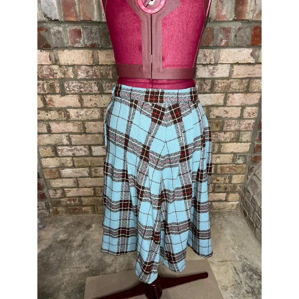 skirt plaid A-line blue brown red metal zipper 1950s - Image 8
