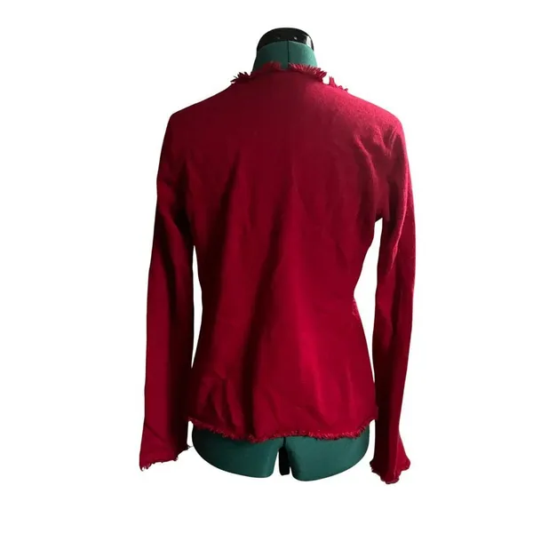 Magaschoni Cherry Red Cashmere V Neck Red fringe‎ Sweater Valentine's size Small - Image 2