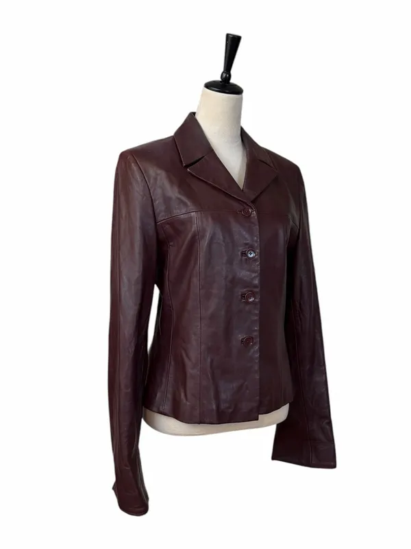 Cache Leather Jacket 10 Burgundy Fitted Button Front Y2K Retro Blazer Maroon - Image 4