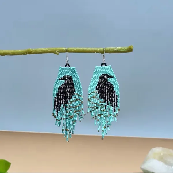 Crow Spirit Handmade Beaded Fringe Earrings ✨ Boho Raven Festival Dangles NWT - Image 2