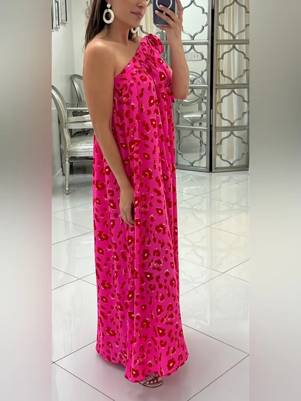 Jodifl hot pink and red leopard print one-shoulder flowy fit maxi dress M - Image 7