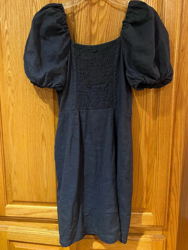Rachel Parcell Square Neck Button Front Puff Sleeve Linen Dress Dark Blue XS - Image 9