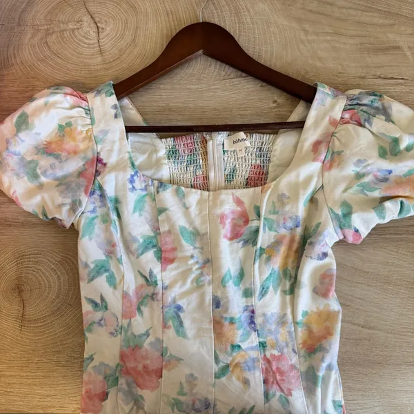 Böhme Mollie Floral Maxi Dress Multi Puff Sleeve Linen Blend Size M - Image 5