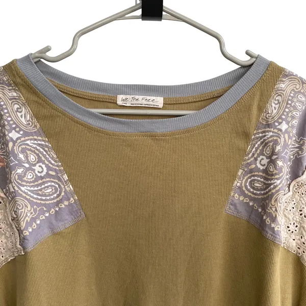 Free‎ People Feeling It Patchwork Sweatshirt Jersey Khaki Blue Paisley Small - Image 5