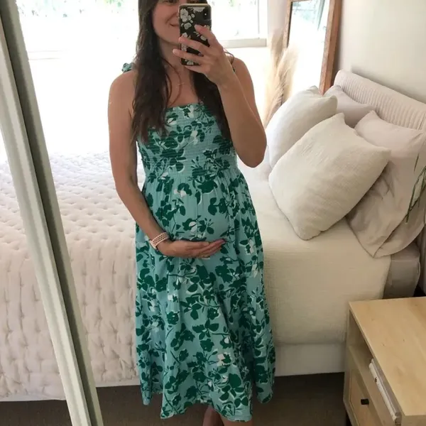 Seraphine Teal Floral Midi Maternity Nap Dress SMALL Nap Smocked Cottage $80 - Image 4