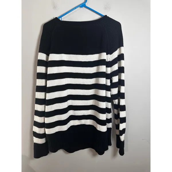 Aerie Bistro Sweater‎ Womens Large Black White Striped Oversized Knit Scoop Neck - Image 5