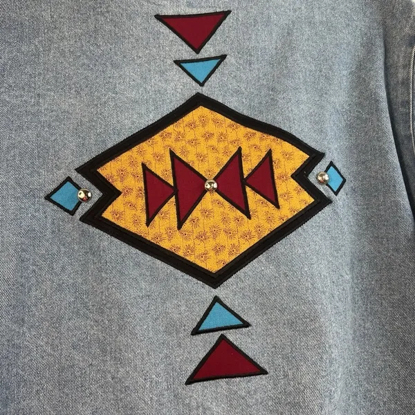 Vintage S Small Denim Jacket‎ Southwest Boho Aztec Embroidered Oversized USA - Image 13