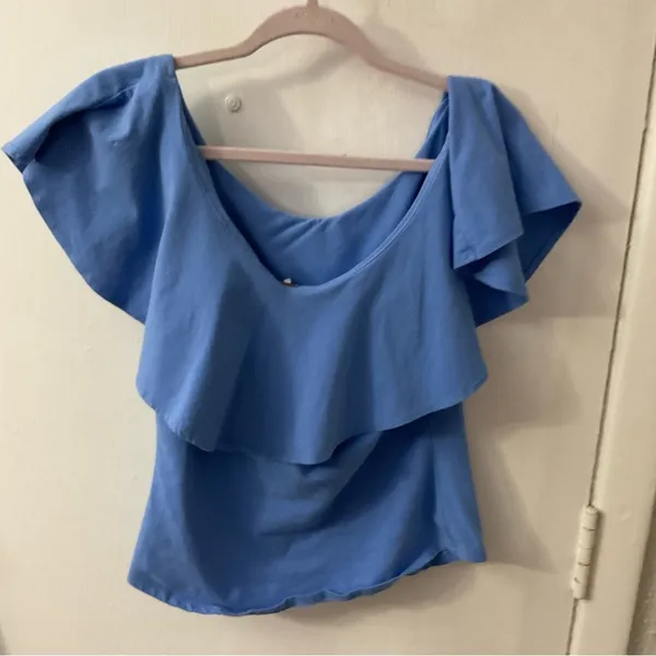 Free People Off Shoulder Blue Ruffle Neckline M Boho Coquette Girl Balletcore - Image 4