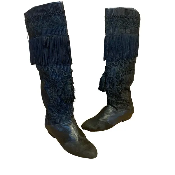 Vintage 1980'S Black Leather Fringe & Ricrac Knee High Boots (36.5) - Image 4