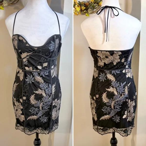 TOBI Embroidered Illusion Floral Halter Sweetheart Neck Mini Dress Sz Small💛 - Image 3