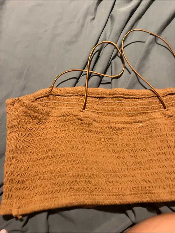 Anthropologie Maeve Smocked Spaghetti Strap Crop Top in Camel - Image 4