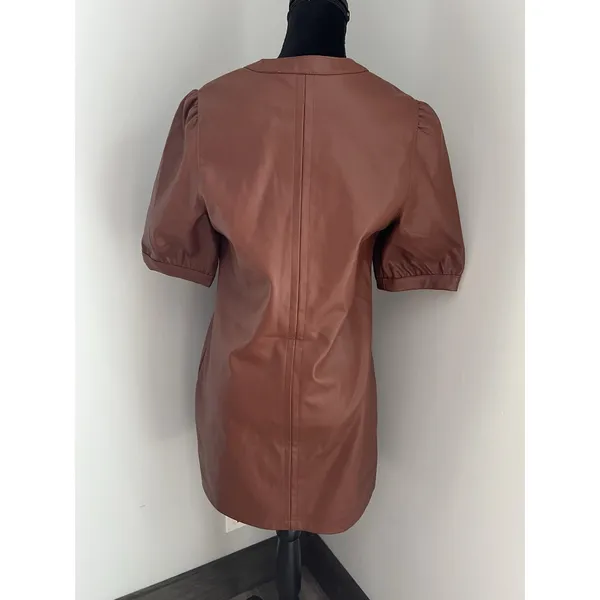 Steve Madden Cognac Brown Faux Leather V-Neck Puff Sleeve Mini Dress Size Medium - Image 2