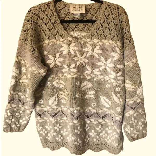 Vintage 90s Tan Floral Embroider Knit Gold poms Cottagecore Grandmacore Sweater - Image 4