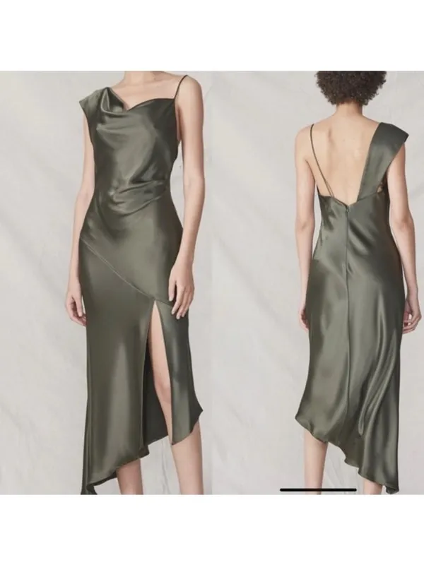 NWT ABS Allen Schwartz Everly Satin Drape Dress 2 Olive Green Slit One Shoulder - Image 2