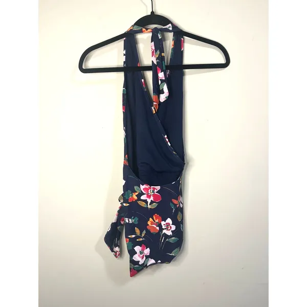 RACHEL Rachel Roy Sash Wrap Blue Pink Floral One Piece Swimsuit Halter sz. L - Image 3