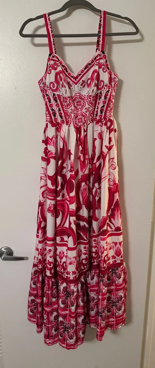 Red and white floral and paisley print maxi dress with ruffle hem - Image 2