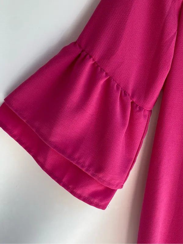 Hot pink mini dress dramatic ruffle long sleeve v-neck party wedding guest L - Image 5
