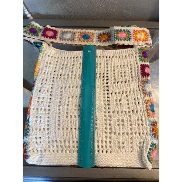 Boho Crochet Granny Square Hobo Shoulder Bag Cream Multi Retro y2k whimsi dainty - Image 8