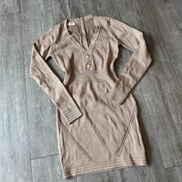 🍒AMTIOUS Elegant Tan Knit Dress - Image 5