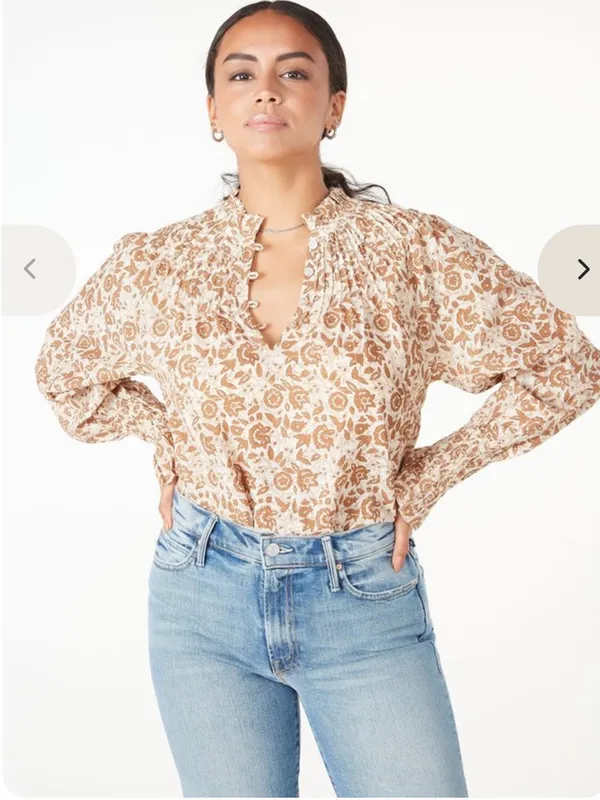 Cleobella Reza Blouse Peasant Tamil Block Print Floral Cotton Boho Brown Ivory - Image 9