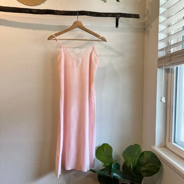 Vintage 1970s Handmade Pale Pink Lace Trim Silky Slip Lingerie Dress - XS - Image 13