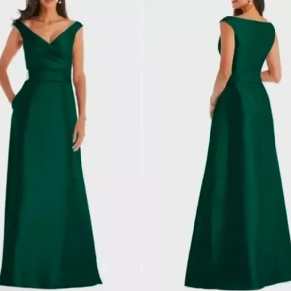 New! Alfred Sung D811S Hunter Green Off Shoulder Draped‎ Wrap Satin Maxi Dress 4 - Image 2