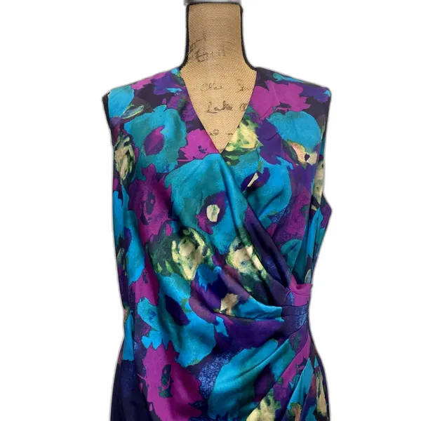 Lauren Ralph Lauren Satin Drape Front Ruched Dress‎ Floral Purple Teal Size 14 - Image 2