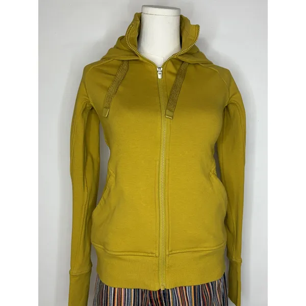 Athleta Triumph Hoodie Mustard Yellow Full Zip Sweatshirt XS TP Thumbholes - Image 2
