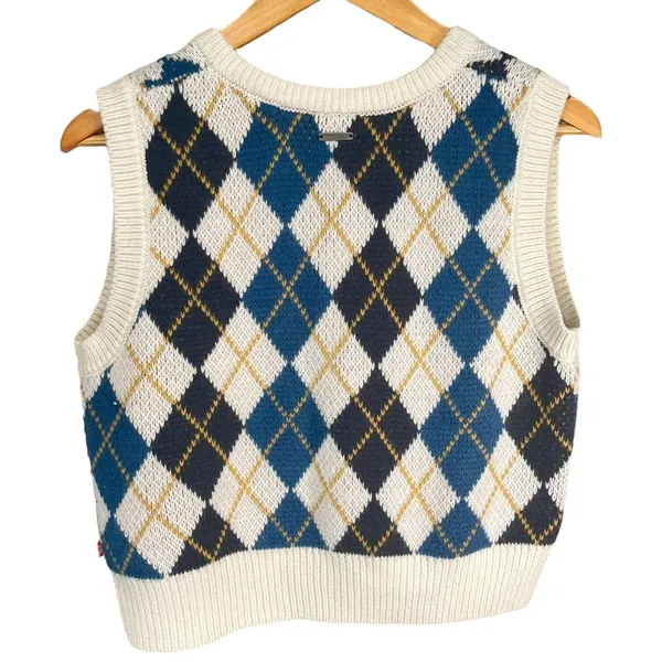 Dickies Juniors Argyle Sweater Vest Blue White Yellow Preppy Knit Pullover Large - Image 2