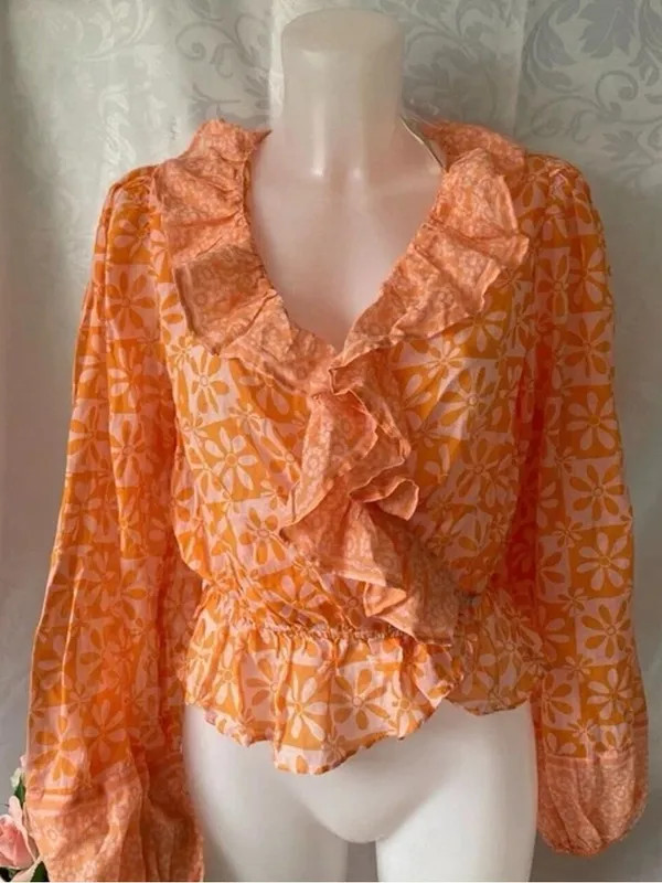Free People 70s Retro Orange Pink Floral Ruffle Wrap Blouse Boho Peplum Top L - Image 6