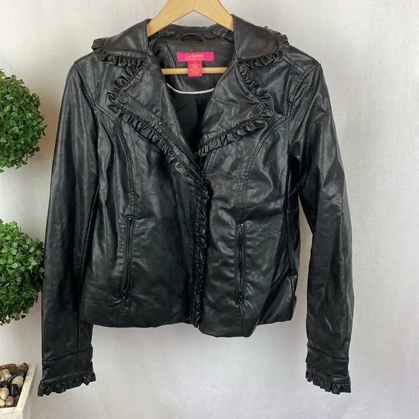 Catherine Malandrino Black Faux Leather Zip Up Ruffle Trim Cropped Jacket M - Image 2