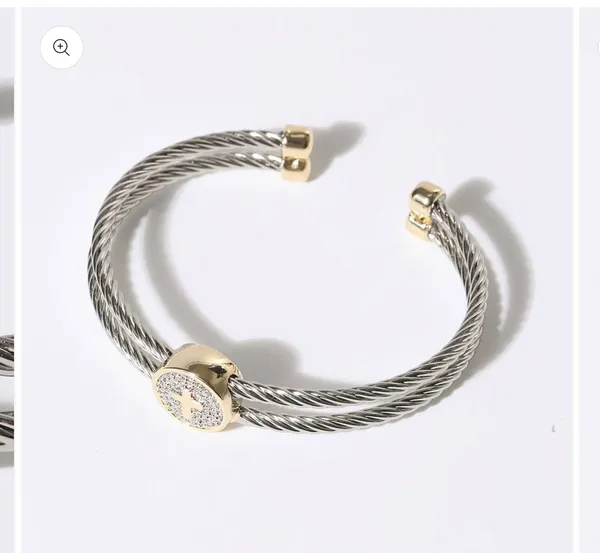 Cross Detail Twisted Double Wire Cuff Bangle Bracelet Silver - Image 3