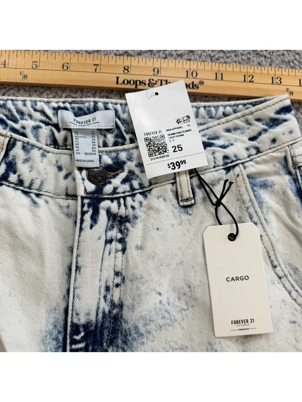 Forever 21 Premium Denim Cargo Jeans 25 Women Light Relaxed Fit Baggy Wide Y2K - Image 5