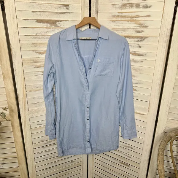 ABERCROMBIE & FITCH Women's Cotton Poplin Long Sleeve Shirt Shirtdress Blue - Image 14