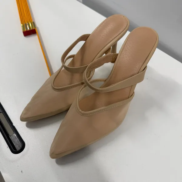 Nude Mesh Pointed Toe Mules Double Strap Stiletto Heels Beige Size 8.5 Tan - Image 8