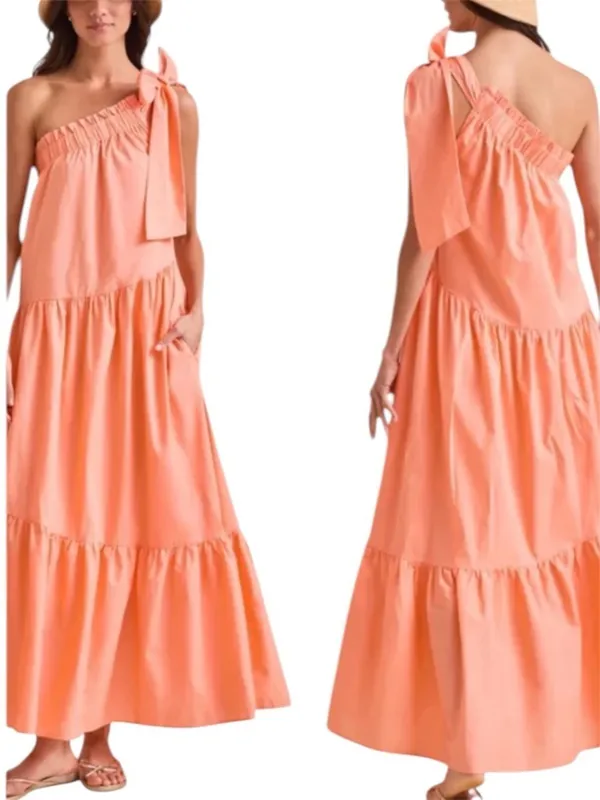 Altar'd State Gina Coral One Shoulder Tiered Maxi Dress Coastal Cottagecore XS - Image 3