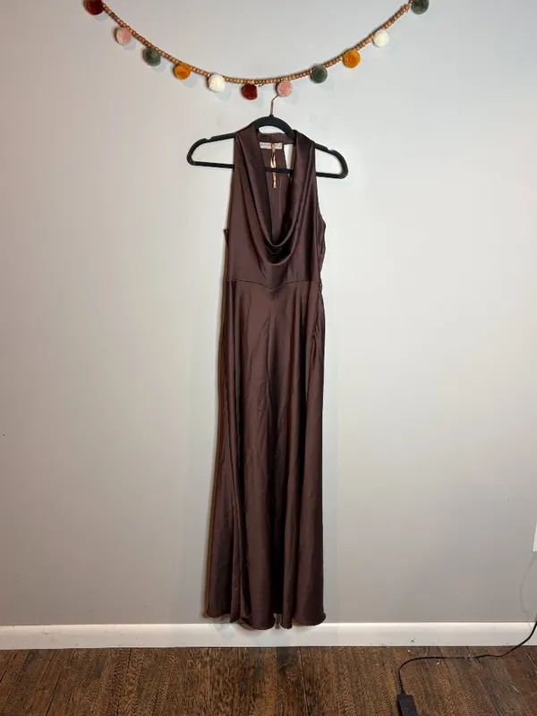 Rinascimento chocolate brown silky draped cowl neck cocktail dress - Image 2
