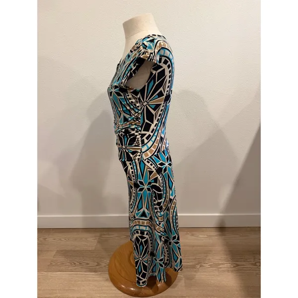 Focus Studio Geometric Kaleidoscope Print Ruched Side Cap Sleeve Dress Blue 6 - Image 3