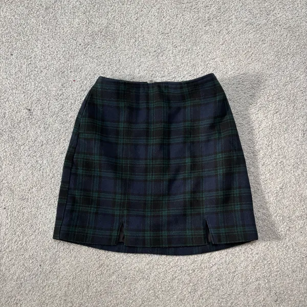 Hollister Navy & Green Plaid Wool Blend Mini Skirt with Front Slits - Image 3