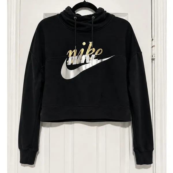 Nike Metallic Gold Silver Graphic Cropped Hoodie Black Size Small - Image 2