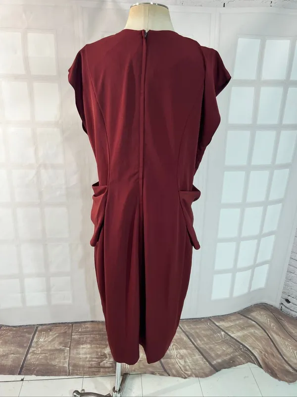 ASOS Oxblood Drape Front Pleated Short Cap Sleeve Midi Pencil Dress Size 14 - Image 5