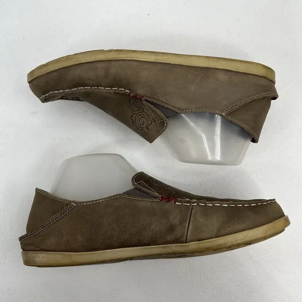 OluKai 9.5 Nohea Nubuck Loafers Taupe Leather Slip On Casual Comfort Shoes Women - Image 3