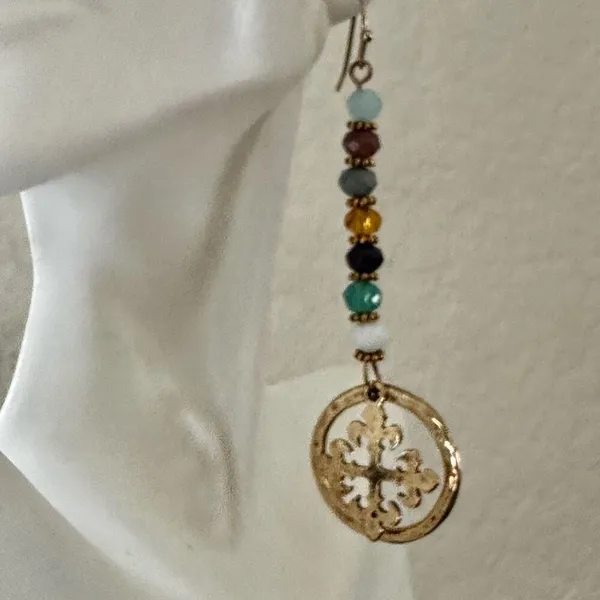 Boho Beaded Dangle Earrings w/ Gold Medallion - Image 8