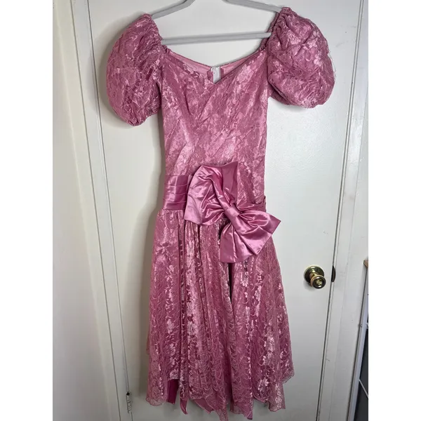 Vintage 80s Pink Lace Prom Dress Puff Sleeve Big Satin Bow Party Princesscore - Image 2