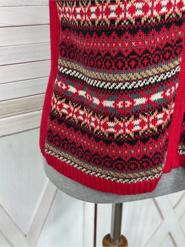 Vintage Requirements Fair Isle V Neck Zip‎ Up Sweater Vest Red Multi Medium - Image 6