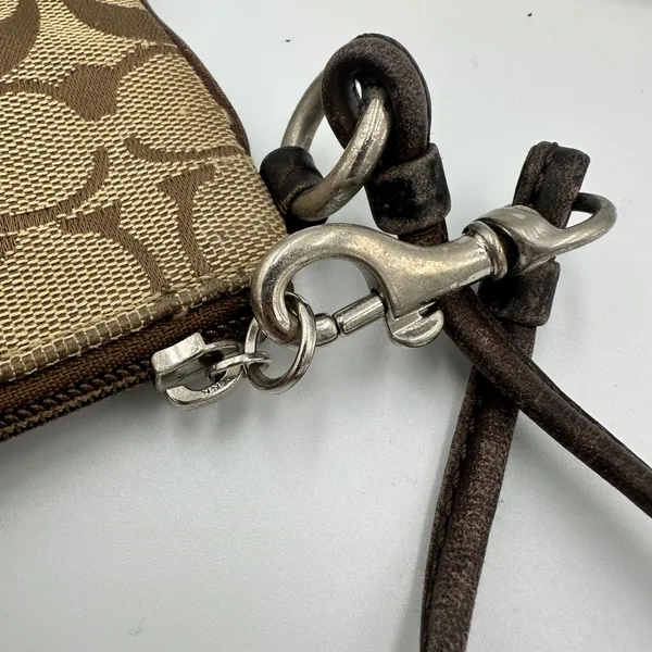 Coach Signature Jacquard Wristlet Khaki Brown Canvas Leather Trim Logo Plaque - Image 10