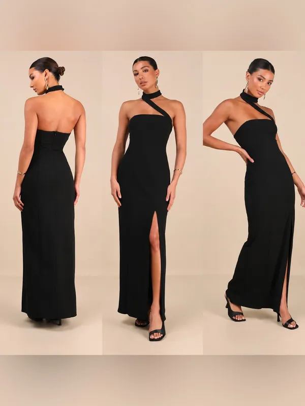 Lulus Seraphina Black Asymmetrical Column Maxi Dress NWT Small $89 - Image 2