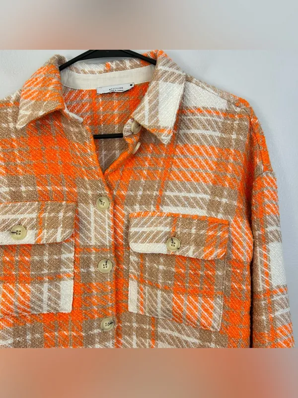 Reserved Orange Plaid Medium Weight Button Down Collared Shirt Size Small - Image 5