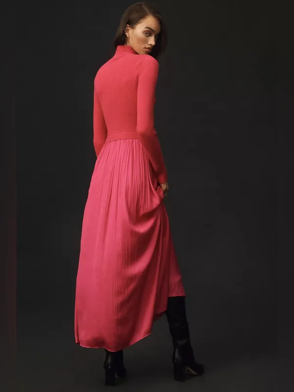 Anthropologie High-Neck Mockable Maxi Dress Fuchsia Knit dress & Pleated Skirt - Image 3